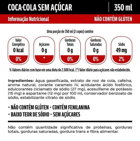Tabela nutricional da Coca-Cola Sem Açúcar (350 ml), destacando 0 kcal, 0 g de açúcar e 49 mg de sódio. Ingredientes incluem adoçantes como ciclamato de sódio e aspartame. Produto sem glúten.