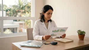 Nutricionista de jaleco branco analisando um laudo impresso de composição corporal, com balança de bioimpedância e fita métrica sobre a mesa